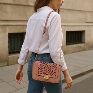 Vieta Pink Laser-Cut Faux Leather Shoulder Purse